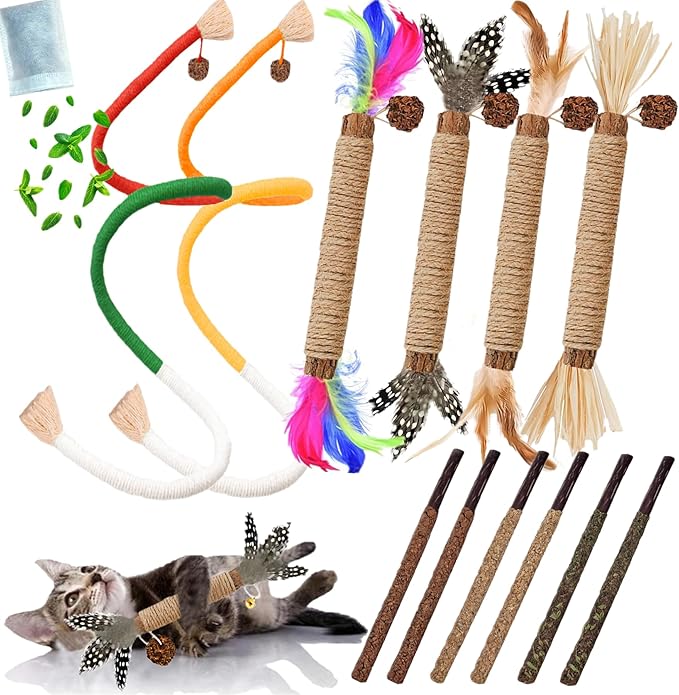 Cat Toys 12PCS Catnip Toy for Indoor Kitten Toys Cat Chew Stick for Dental Cleaning Teeth Cat Silvervine Rope Treat Kitty Feather Snack for for Kick Molar Scratch Self Play Interactive Boredom