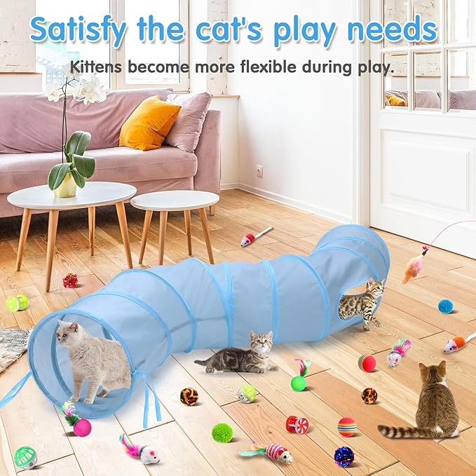 Wettarn 22 Pieces Cat Toys Set, with 2 Collapsible Cat Tunnels for Indoor Cats and 20 Kitten Toys Cat Tubes and Tunnels Interactive Cat Feather Toy Mouse Crinkle Balls for Cats Puppies (Gray)