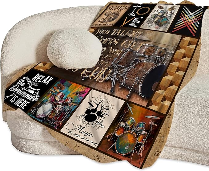 Rock Music Blanket Ultra Soft Cozy Drum Set Kit Throw Blanket Fleece Fuzzy Plush Bedding Vintage Musical Instrument Lovers Gifts for Women Girls Kids Adults 80"x60"