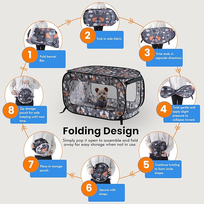 Beatrice Home Fashions Portable, Collapsible, Pop Up Kennel Travel Cat and Dog Crate, 36" L x 22" W x 22" H, Face of Love