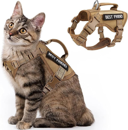 Tactical Cat Harness, Air Mesh Cat Walking Vest Harness Escape Proof, Reflective Large Cat Harnesses with Handle for Adult Fat Cats (Khaki, XL)