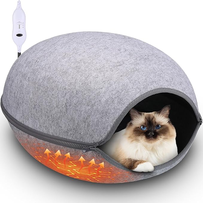 19.7 Inch Heated Cat Bed, Indoor Heated Cat Cave, Heated Cat Pad Cat Bed Warmer Thermal Pet Bed with Removable Waterproof Heater for Kitty Small Dogs Gray