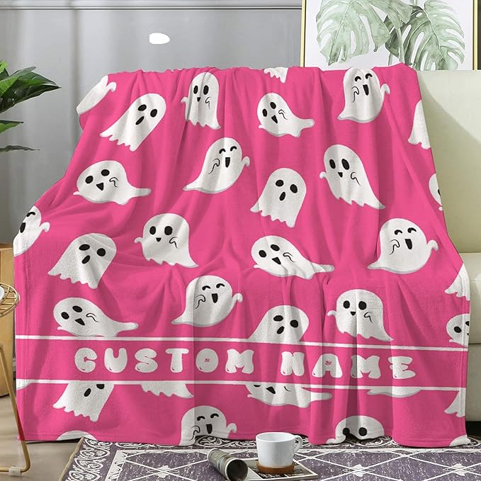 Cute Little Funny Ghost Custom Blanket Pink Ghost Spooky Personalized Throw Blankets Gifts for Girl Boy Flannel Fleece Halloween Customized Throw Blankets for Adults With Name Sofa Chair 80x60In