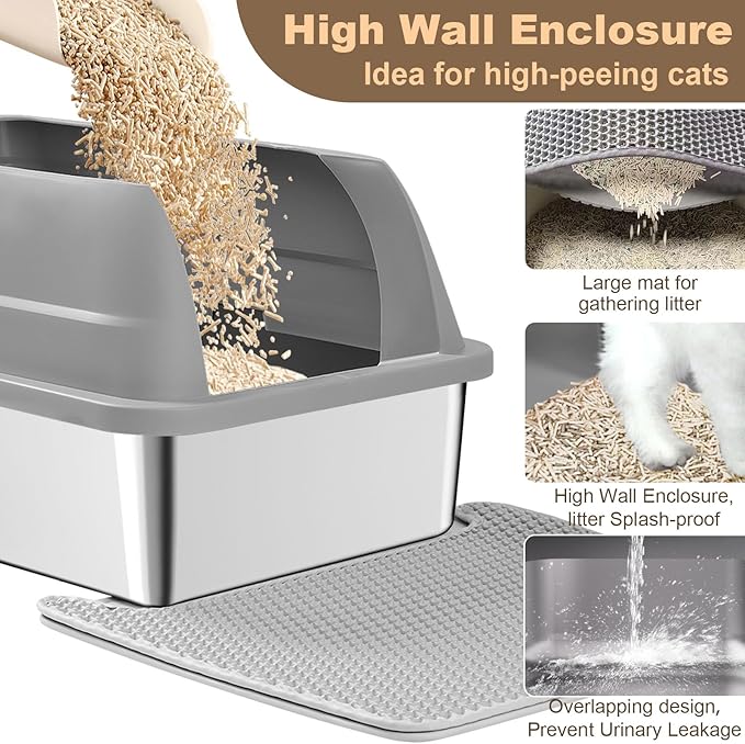 2 Pack Stainless Steel Cat Litter Box, Extra Large Steel Litter Boxes for Big Cats, XL Metal Cat Litter Box with Lid,Anti-Urine Leakage, Non-Sticky, Include Cat Mat and Litter Scoop