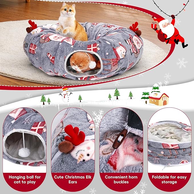 Christmas Cat Tunnel Bed, Under Christmas Tree Cat Tunnel with Washable Cushion, Cute Plush Christmas Cat Tunnel Tree Skirt with Dangling Balls, Cat Play Tunnel Toy Snowman Xmas Pattern Decorations