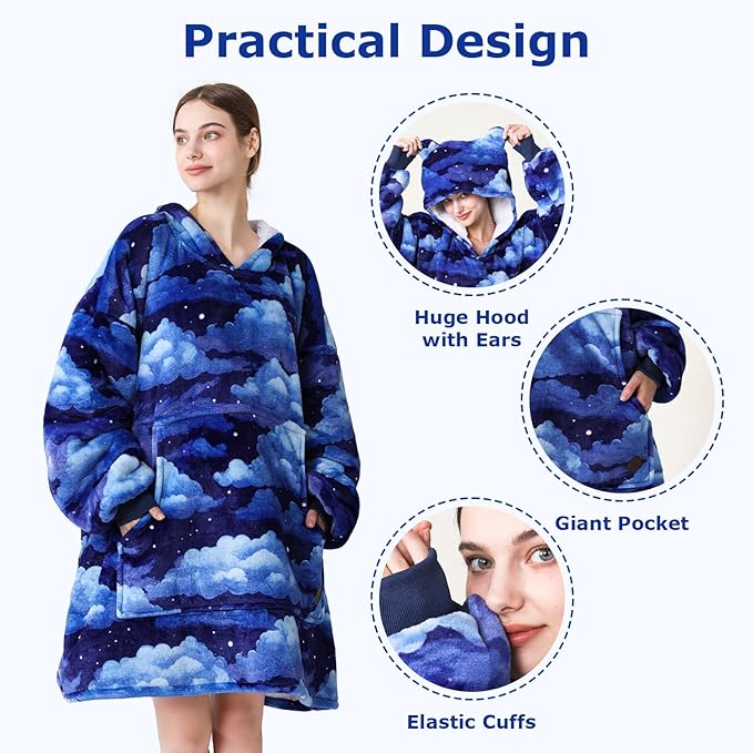 THREE POODLE Wearable Blanket Hoodie for Women, Oversized Sherpa Sweatshirt Blanket for Adults Men, Warm Cozy Cloudy Hooded Blanket, Gifts for Mom Girlfriend Sister