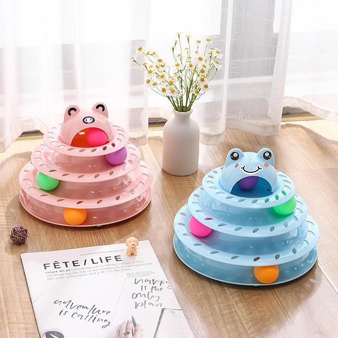 Suhaco Interactive Cat Toys for Indoor Cats Fun Roller 4 Level Cat Tower with Cute Stickers Turntable Kittens Ball Teaser Toy (Blue)