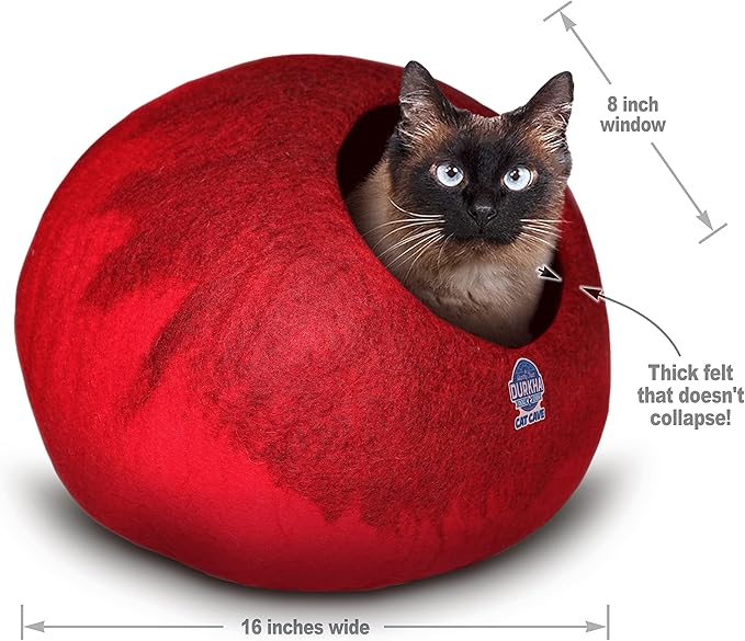 Felt Cat Cave Bed, Handmade Covered Cat Bed Cave, Wooly Cave for Cats, Dome Shaped Cat Pod, Cat Beds & Furniture, Felt Cat Beds for Indoor Cats (Red and Burgundy)