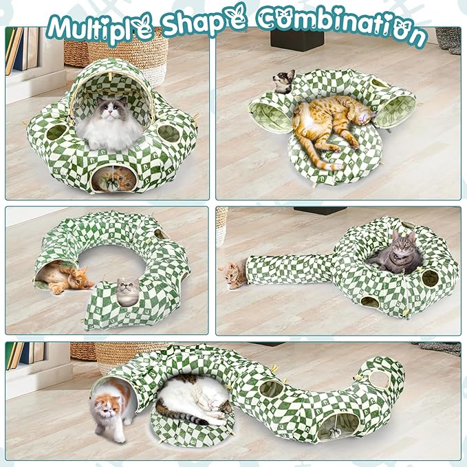 Cat Tunnel Bed for Indoor Cats, Cat Donut Tunnel with Straight Tunnel, Washable Circle Cushion, 4 Hanging Balls and 6 Peek Holes, Collapsible Pet Play Tunnel Toy, Green