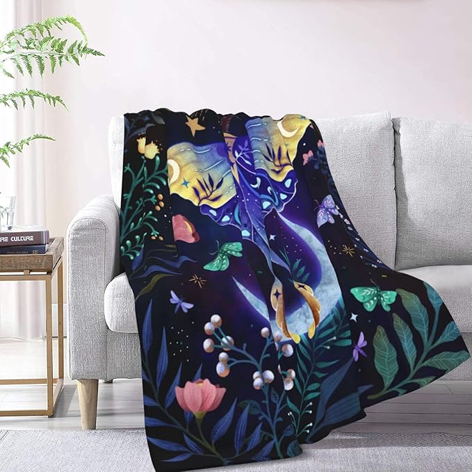 Moon Moth Throw Blanket Soft Cozy Lightweight Blanket for Couch, Bed, Sofa - Moth Pattern Decorative Plush Flannel Blanket for Women, Men, Adults 80"x60"