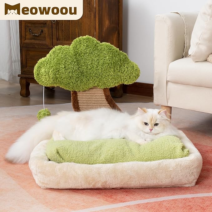 Meowoou Cat Bed with Scratching Pad (15.7''x19.7''), Soft Bed for Indoor Cats and Kitten, Detachable Washable Square Faux Fur Pad Cat Bed with Mountain View