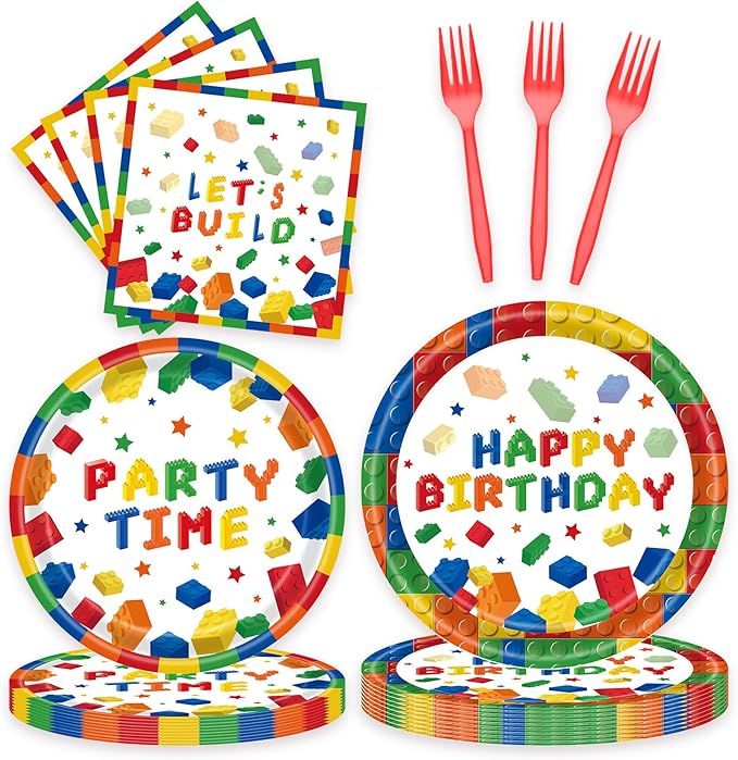 96 Pcs Building Block Party Plates Napkins Forks Supplies Favors Tableware Set Disposable Paper Birthday Decorations for Boys, Serves 24 Guests