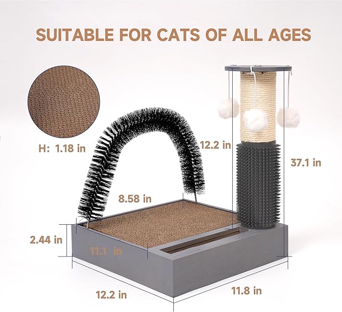 Cat Scratching Post with Cat Tower Tree and Cats Arch Self Groomer Massager Brush Kitty Ball Toys for Kittens,Cat Posts and Scratchers for Indoor Pets,Interactive Toy with Ball Track Spring Ball…