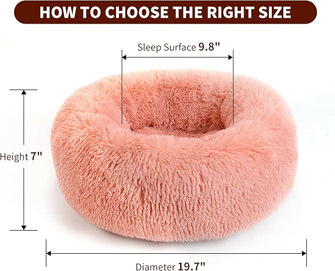 CHCFURPT Calming Dog Bed for Cats and Small Dogs, Donut Washable Small Cat Bed for Indoor Cats and Dogs, Anti-Slip Round Fluffy Plush Faux Fur Pet Bed for Small Cats and Dogs (Pink, 19.7')