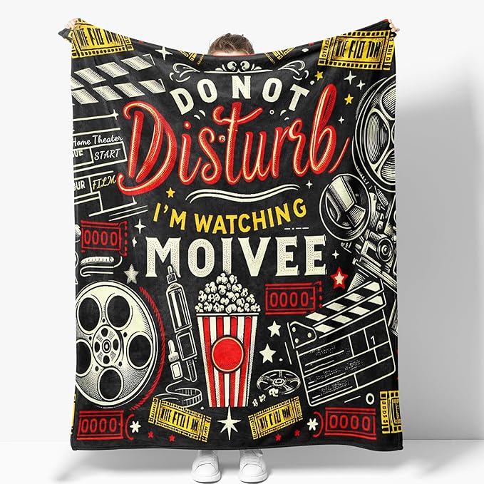 Movie Theme Blanket Gifts for Women Girls Boys Mom Men Cinema Theater Clapboard Film Popcorn Print Present for Kids Adults Teen Birthday Christmas Decor Home Couch Sofa Soft Cozy Flannel Throw 60"x50"