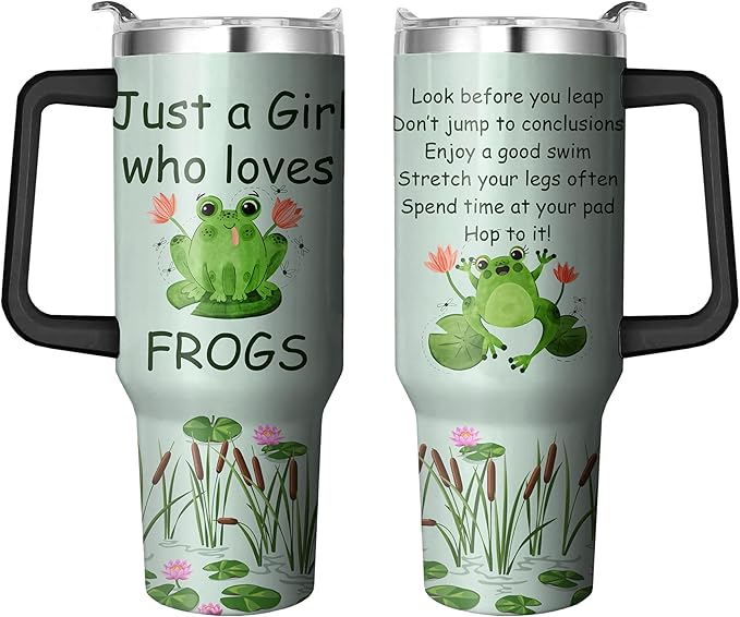 40 Oz Frog Tumbler with Handle and Straw, Double Wall Stainless Steel Insulated Coffee Mug, Leak Proof Cup, Gifts for Women and Frog Lovers