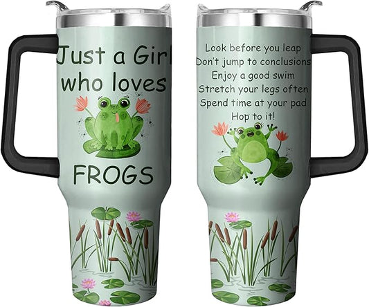 40 Oz Frog Tumbler with Handle and Straw, Double Wall Stainless Steel Insulated Coffee Mug, Leak Proof Cup, Gifts for Women and Frog Lovers