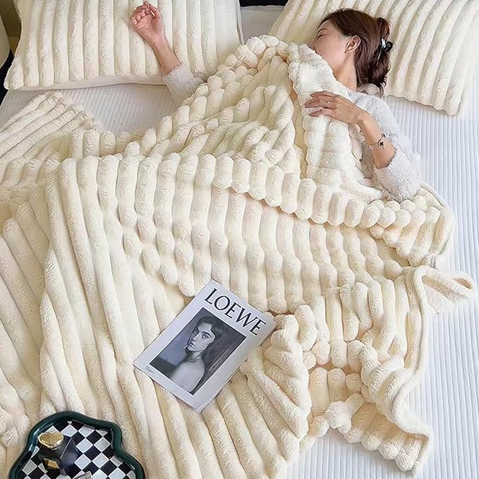 White Fleece Fuzzy Throw Blanket, 3D Fleece Ribbed Jacquard Blanket, Fuzzy Aesthetic Room Decor for Couch Sofa Bed, Gifts for Christmas, Birthdays