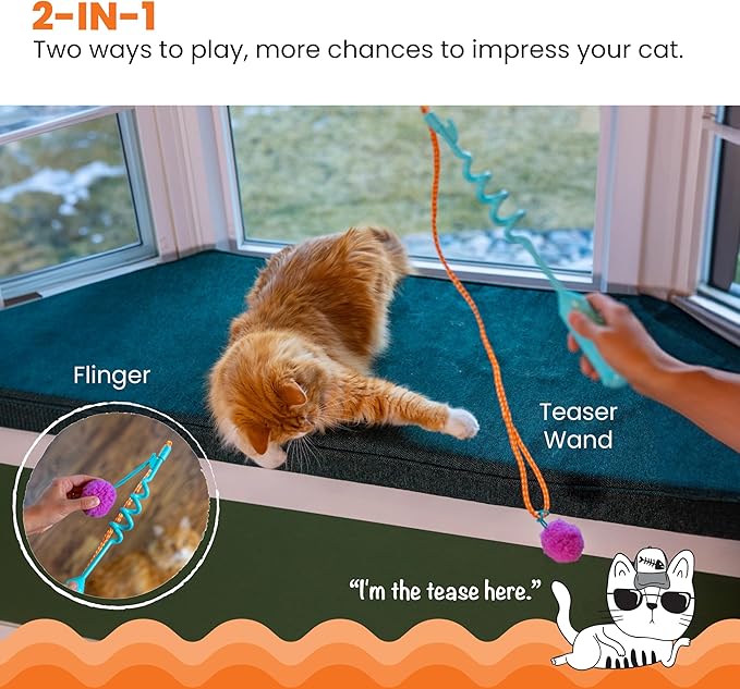 Catstages Cat-apult Spring Wand Durable and Interactive Cat Teaser Wand with Flinger Clip and Two Cat Toys, Catnip Toy and Pom Pom Ball, Blue
