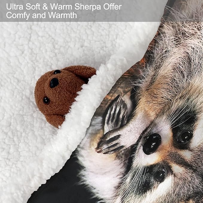 Raccoon Sherpa Blanket, Animal Print Fleece Throw Blankets for Couch Sofa Bed, Super Soft Warm and Lightweight, 50" x 60"