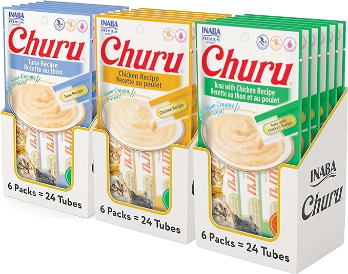 INABA Churu Lickable Creamy Purée Cat Treats 3 Flavor Tuna and Chicken Variety Pack, 4 Count Pack of 18 (72 Tubes Total)