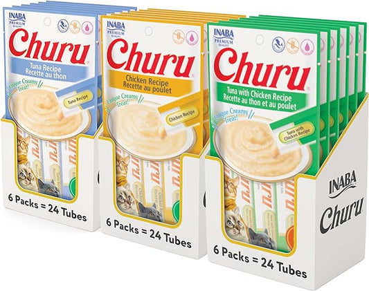 INABA Churu Lickable Creamy Purée Cat Treats 3 Flavor Tuna and Chicken Variety Pack, 4 Count Pack of 18 (72 Tubes Total)