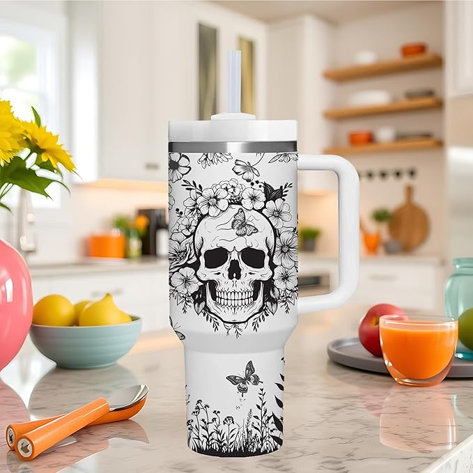 AMZUShome 40 OZ Goth Skull Tumbler with Handle.Skull Lover Tumblers Gift.Unique Birthday Christmas Halloween Goth Skull Cup Gifts.40 OZ skull Tumbler Gifts for Women.