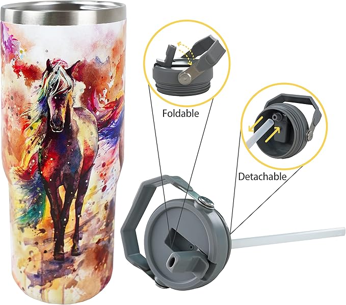 30oz Horse Tumbler with Handle and Straw, Stainless Steel Vacuum Insulated Coffee Tumbler, Travel Mug Water Bottle, Horse Stuff Accessories Decor, Horse Gifts for Women & Girls