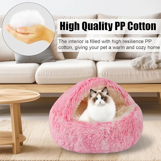 HYQ Dog Bed for Small Dogs, Cozy Cat Cave Bed, Cat Beds for Indoor Cats Washable, Non-Slip Cat Beds, Calming Dog Bed with Hooded Cover, Dog Bed with Cover for Small Medium Pets (Pink, 16×16 Inch)