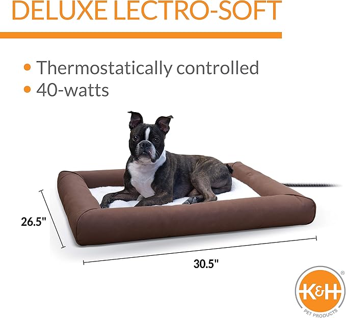 K&H Pet Products Heated Deluxe Lectro-Soft Outdoor Dog Bed with Bolster, Orthopedic Warming Pet Pad, Outdoor Heated Pad for Pets, Heated Outside Dog and Cat Bed, Chocolate/Tan Medium 26.5x30.5in