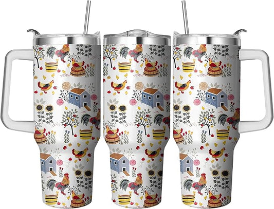 40 Oz Chicken Tumbler with Handle and Straw, Double Wall Stainless Steelchicken Mugs, Insulated Rooster Cup Gifts for Chicken Lovers Women, Chicken Travel Mug Chicken Gifts for Women