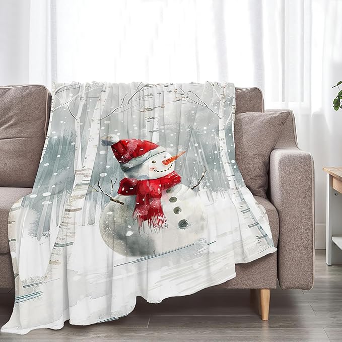Snowman Blanket Ultra Soft Cozy Birch Tree Snowman Throw Blanket Fleece Fuzzy Plush Winter Christmas Blanket Decor Gifts for Women Girls Adults Couch Sofa 60"x50"