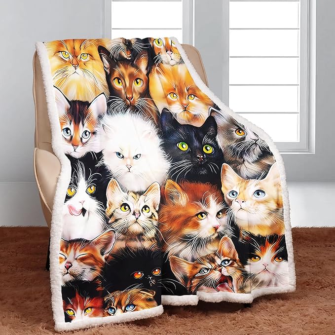 Cats Sherpa Blanket, Cute Kittens Fleece Throw Blankets for Couch Sofa Bed, Super Soft Warm and Lightweight, 60" x 80"