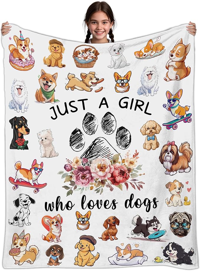 Dog Lovers Gifts for Women, Just A Girl Who Loves Dogs, Blanket with Dogs On It, Dog Lover Blankets for Girls, Puppys Gifts for Women Girl Kids, Puppys Theme Blanket 40" X 50"