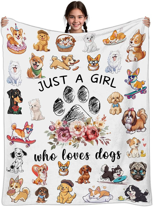 Dog Lovers Gifts for Women, Just A Girl Who Loves Dogs, Blanket with Dogs On It, Dog Lover Blankets for Girls, Puppys Gifts for Women Girl Kids, Puppys Theme Blanket 40" X 50"