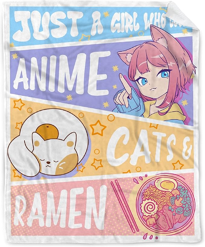 Just A Girl Anime Blanket - Kawaii Cats & Ramen Flannel, Luxurious & Cozy XL 90x120 Inch, Perfect for Anime Lovers & Family