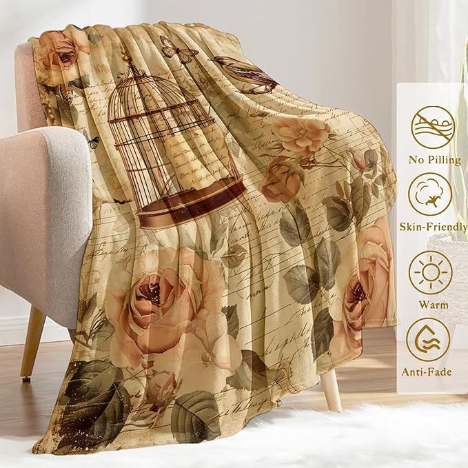 Vintage Birdcage and Rose Throw Blanket- Ultra Soft, Fleece, Lightweight,Floral and Bird Retro Blankets, for Couch Romantic Room Bedroom Modern Decor, Gifts for Women & Garden Lovers 50x60in