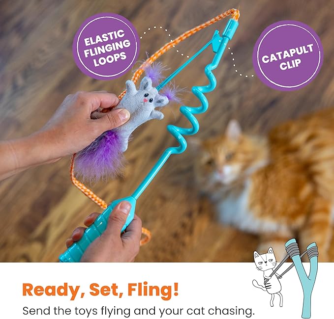 Catstages Cat-apult Spring Wand Durable and Interactive Cat Teaser Wand with Flinger Clip and Two Cat Toys, Catnip Toy and Pom Pom Ball, Blue