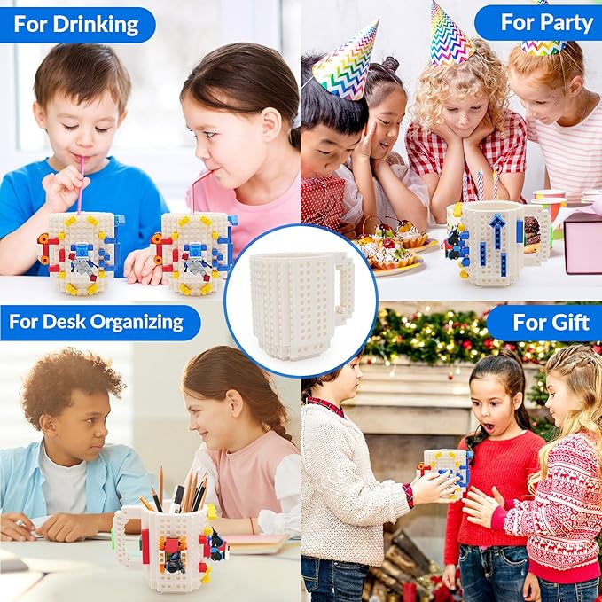 Build-on Brick Coffee Mug, Funny DIY Novelty Cup with Building Blocks Creative for Kids Men Women Xmas Birthday (White)