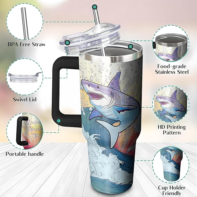 40 Oz Stainless Steel Tumbler with Handle and Straw, Double Wall Insulated Shark Cup with Straw, Leak Proof Shark Coffee Mug and Tumbler for Adults Gifts
