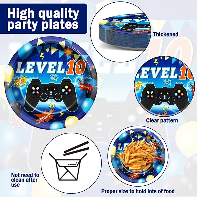 96Pcs 10th Birthday Video Game Party Supplies Blue 10th Plates and Napkins Tableware Set Level 10 Party Decorations for Boys Gamer Birthday 10 Year Old Party Favors for 24 Guests