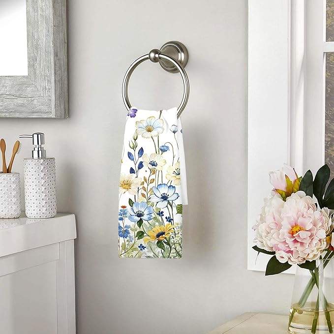 kampdream Faxdong Floral Hand Towel Set of 2, Watercolor Wildflower Botanical Plant Leaves Design Soft Absorbent Towels for Home Hotel Gym Spa Bathroom, Multi1 16×27 inch