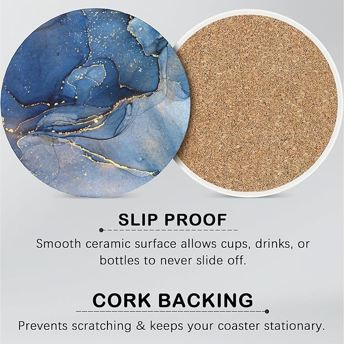 Blue Marble Fluid Set of 6 Coasters for Drinks Absorbing Round Ceramic Stone Coaster with Cork Base,Tabletop Protection Mat for Mugs and Cups,Office,Kitchen