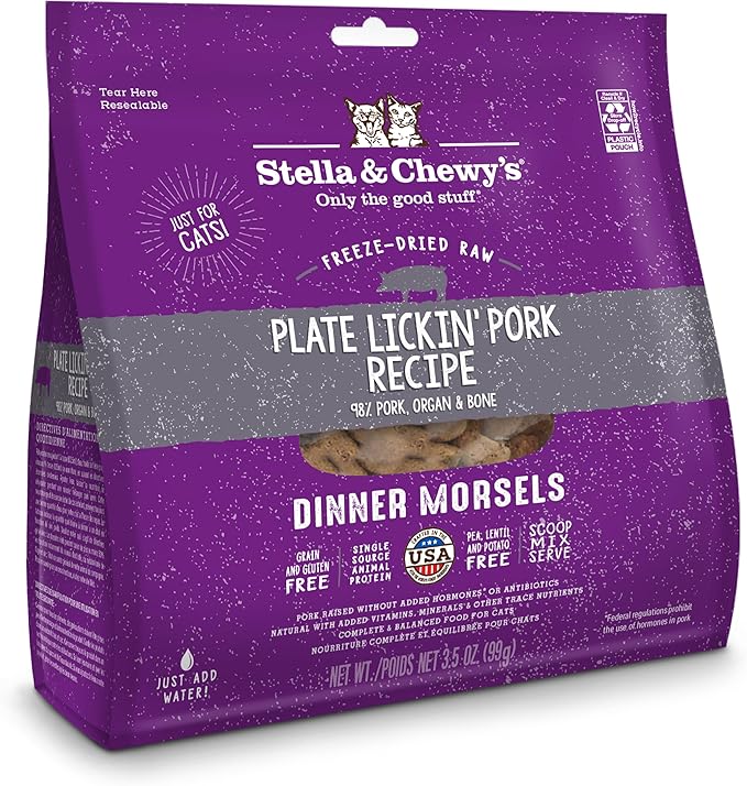 Stella & Chewy's Freeze-Dried Raw Cat Dinner Morsels – Grain Free, Protein Rich Cat & Kitten Food – Plate Lickin' Pork Recipe – 3.5 oz Bag