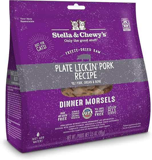Stella & Chewy's Freeze-Dried Raw Cat Dinner Morsels – Grain Free, Protein Rich Cat & Kitten Food – Plate Lickin' Pork Recipe – 3.5 oz Bag