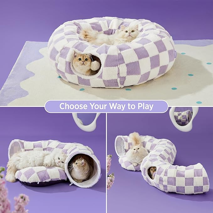 Lesure Cat Tunnel Bed for Indoor Cats - Cute Cat Donut Tunnel with Washable Circle Cushion, Round Pet Play Tunnel Toy for Kitten/Puppy/Rabbit,Purple