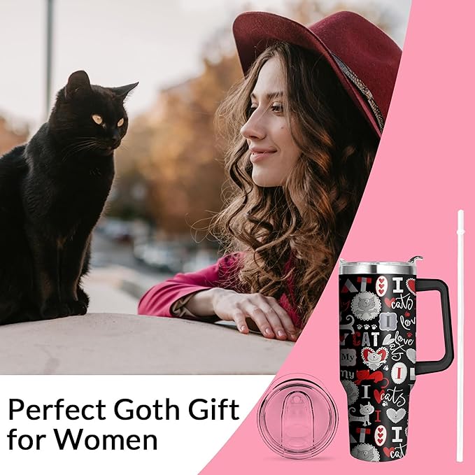 40 Oz Cat Tumbler With Straw and Handle, Double Wall Stainless Steel Coffee Mug, Insulated for Cat Lovers, Mom or Dad Cups Gifts for Women