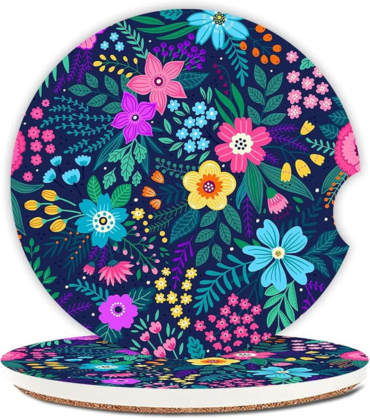 Blue Flowers Car Coasters for Drinks Absorbent,2 Pack Cup Holders,2.56" Ceramic Stone & Non-Scratch Cork Base Coasters,Auto Accessories for Women & Men.