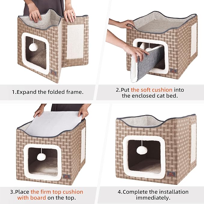 Cat Bed for Indoor Cats,Medium Large Cats Cave Bed,Machine Washable Slip Resistant Bottom,Ultra Soft Plush Cushion (Gray House)