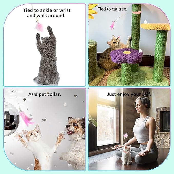 Cat Collar Funny Cat Stick,Interactive Cat Feather Toys with Bell,Pink Spring Cat Teaser Stick Toy, Used for Cat Indoor Play, Suitable for Old Kittens and Kittens to Exercise